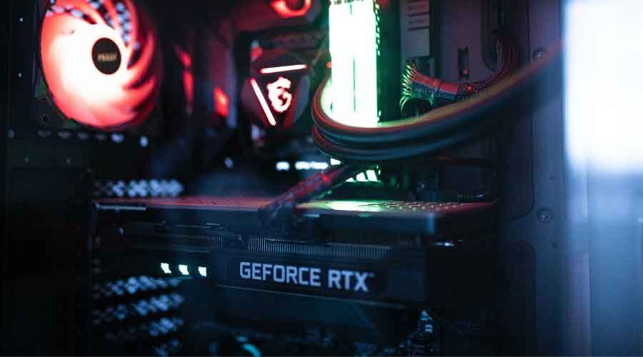 A picture of a graphics card in a minimalist gaming PC build.