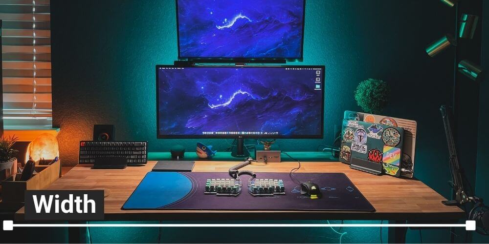 A picture of a desk with an arrow showing the width. How big should a gaming desk be?