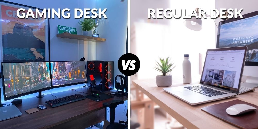 Two images side by side, with the left image of a gaming desk, and the right image of a regular desk.