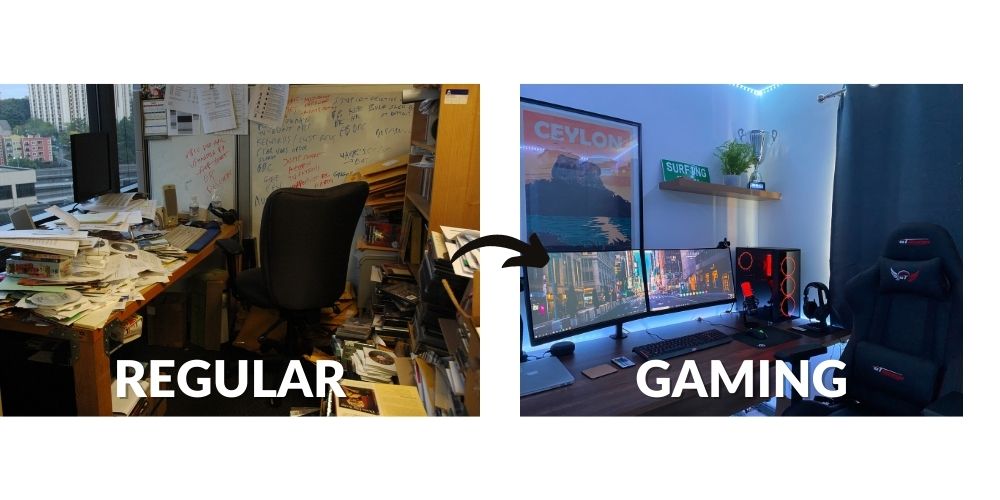 A picture of a messy desk on the left, pointing to a gaming desk on the right. Which begs the question, are gaming desks worth it?